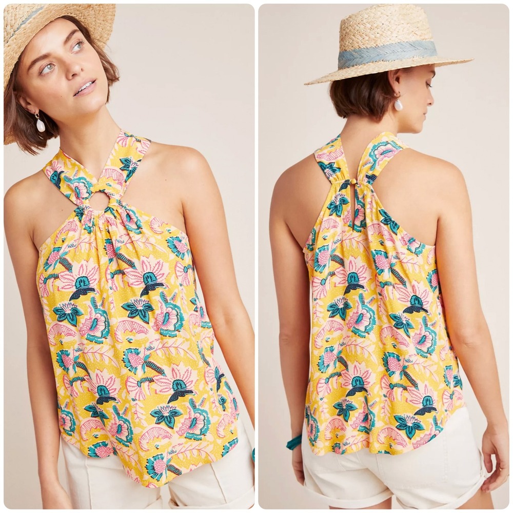 Maeve Anthropologie Womens Yellow Floral O-Ring Halter Boho Summer Tank Top 6P